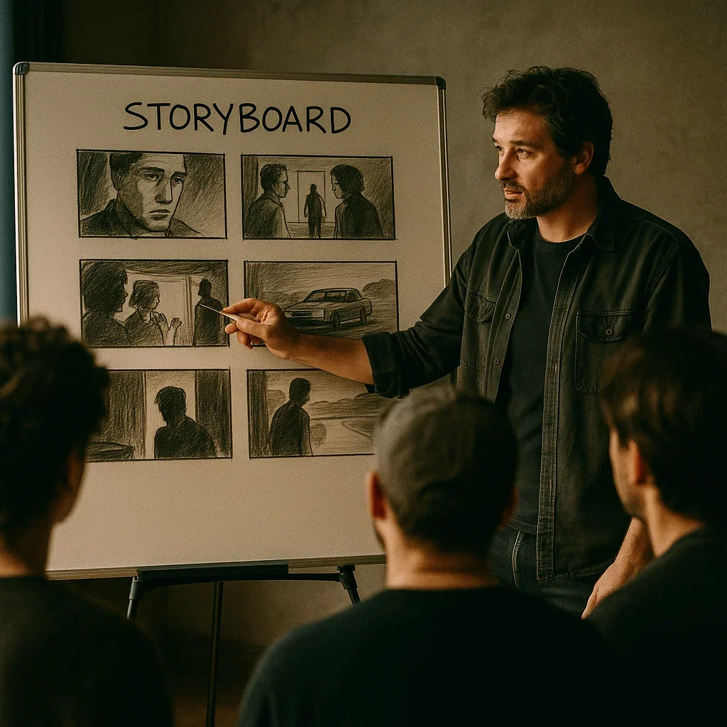 A man is giving a presentation about a storyboard to an audience, using a whiteboard with sketches and scenes.