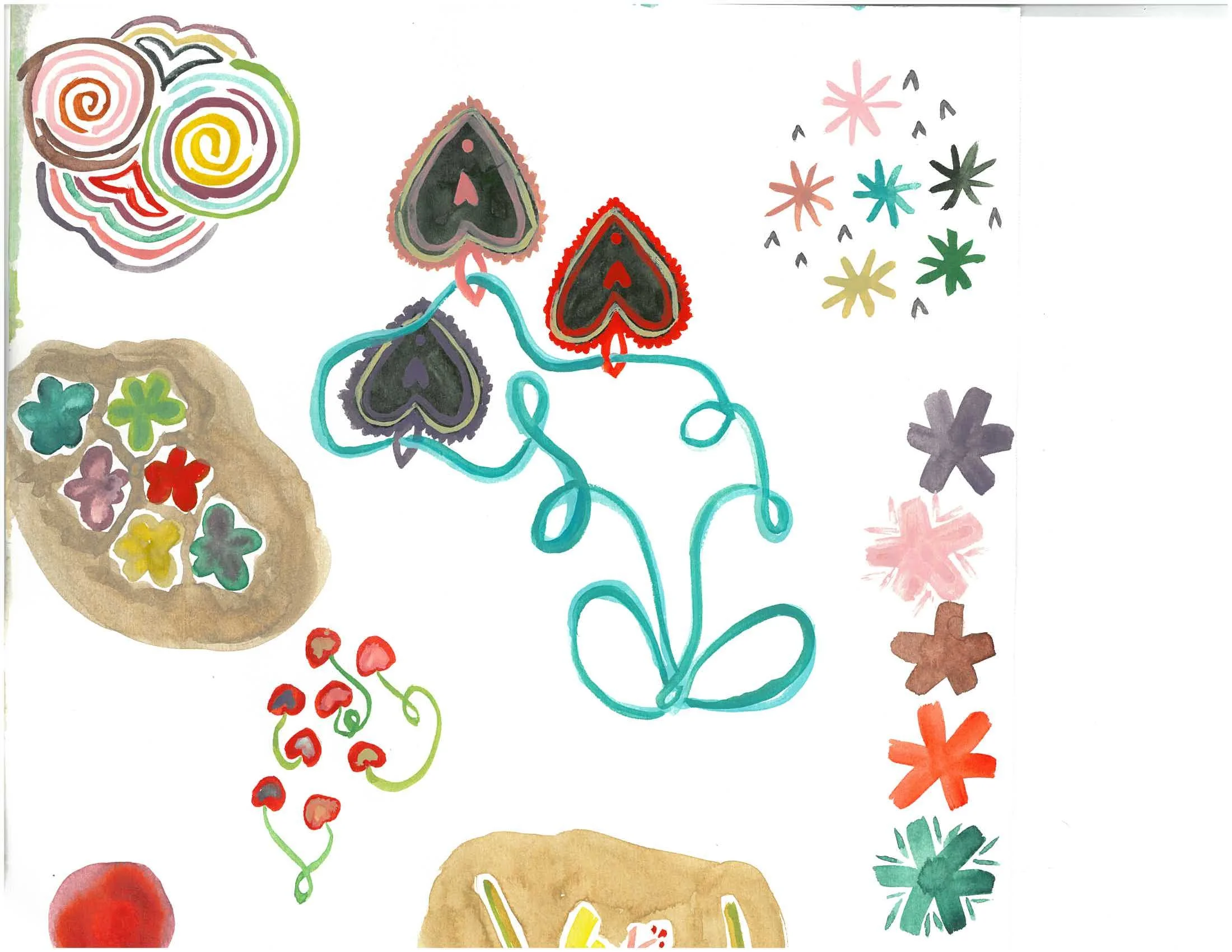 Hand-drawn colorful flowers, leaves, and abstract shapes with swirls and loops, in a childlike art style.