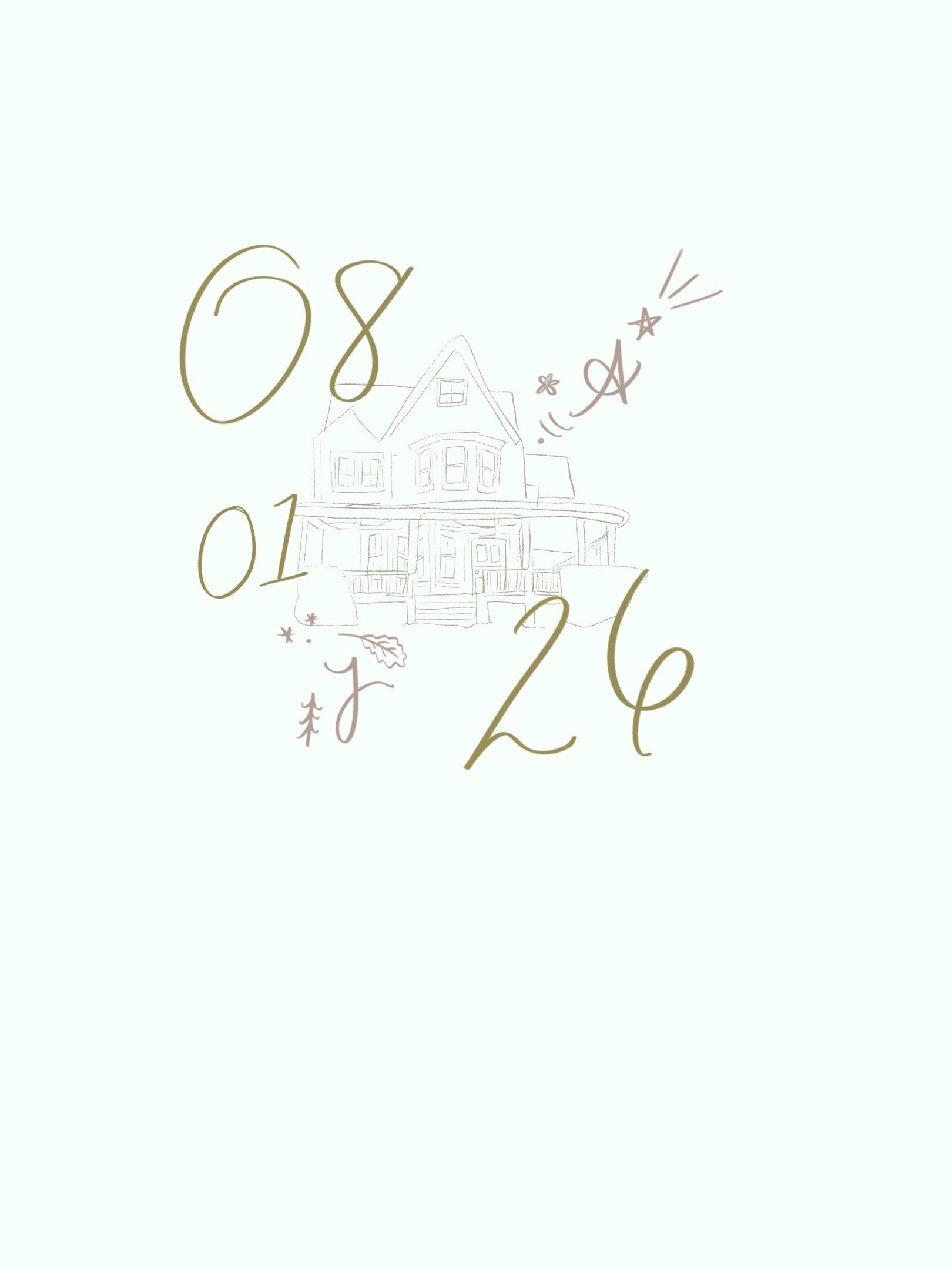 Hand-drawn illustration of a house with decorated surroundings, featuring the numbers 08 and 20, with decorative elements such as stars, leaves, and flowers.