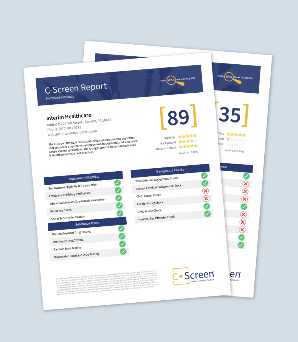 C-Screen report with a blue header, showing scores and background check results for employment and substance abuse background checks.