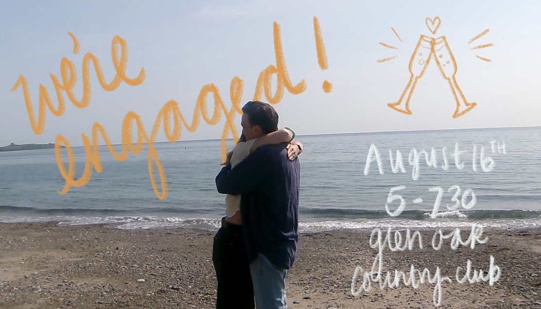 A man and woman hugging on a beach, with hand-drawn graphics and text overlaid. The text reads 'You're engaged!' in large, orange handwriting, along with the date 'August 16th, 5-7:30', and 'glen oak golf & country club' in white. There is also a dra