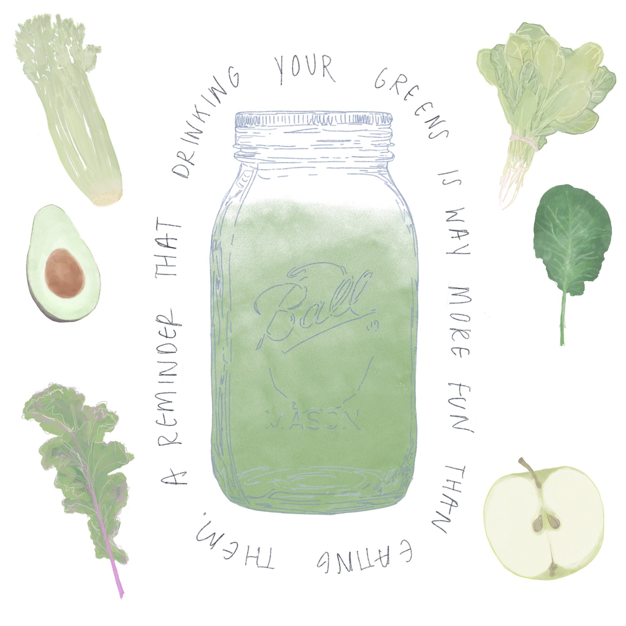 Hand-drawn illustration featuring various vegetables such as broccoli, avocado, lettuce, and green apple, along with a mason jar and handwritten text.
