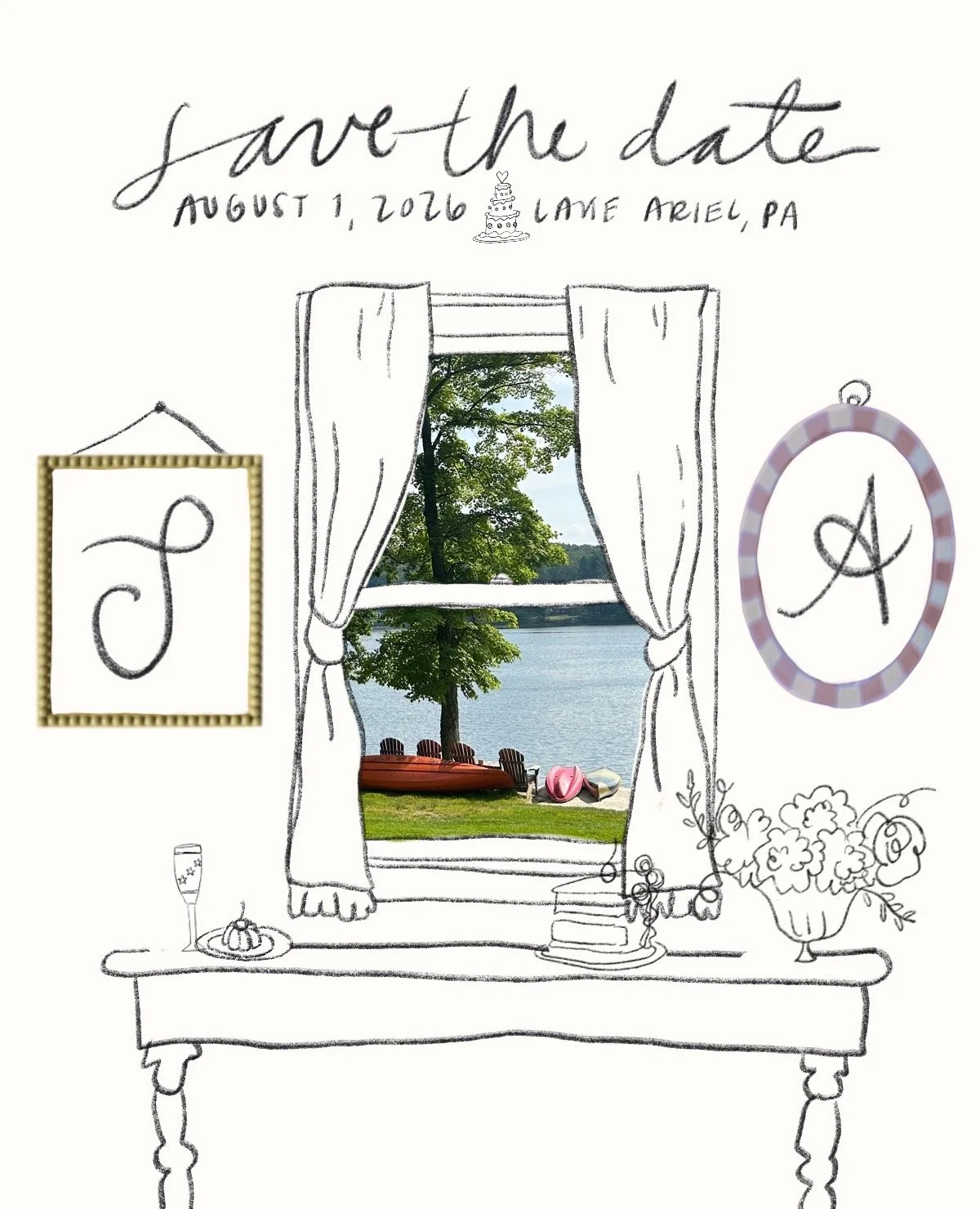 A sketch of a window with curtains, showing a view of a lake with trees and chairs outside. Inside, there are framed initials 'J' and 'A', a table with a dessert, a drink, a flower arrangement, and decorative items, with the words 'save the date' and