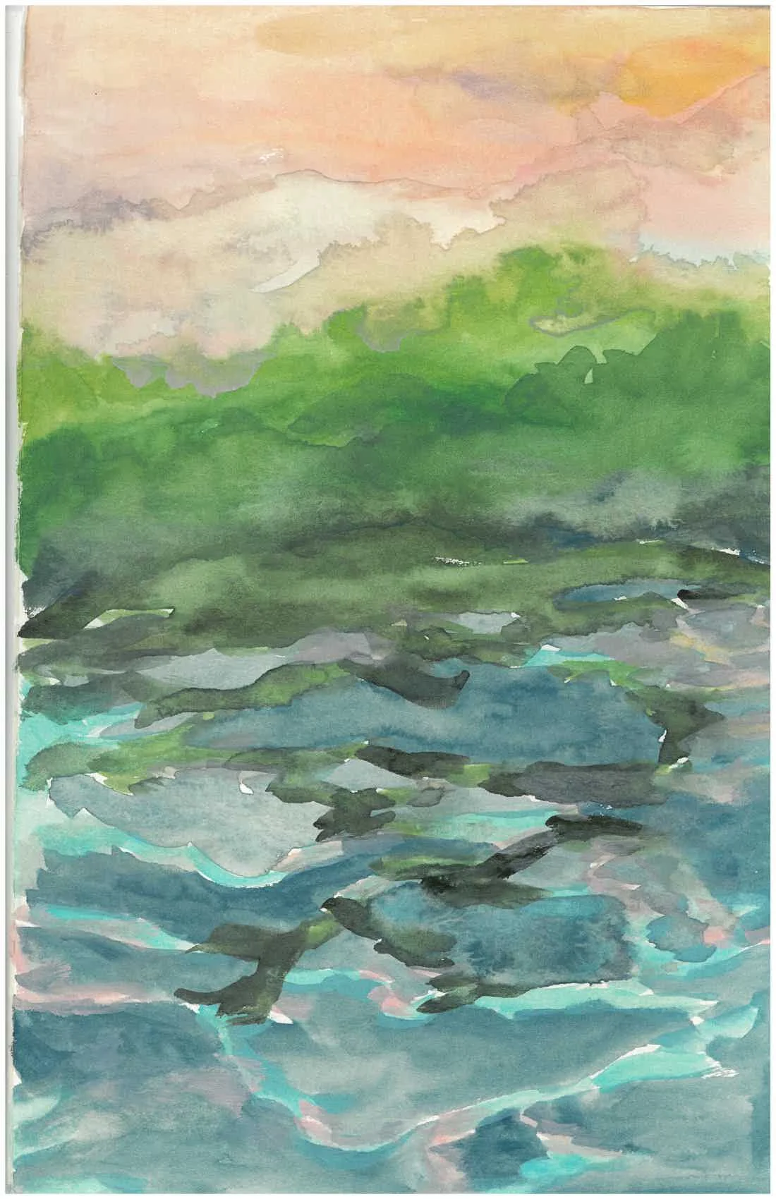 Watercolor painting of a landscape with a mountain range, a river or lake in the foreground, and a pink and orange sky.