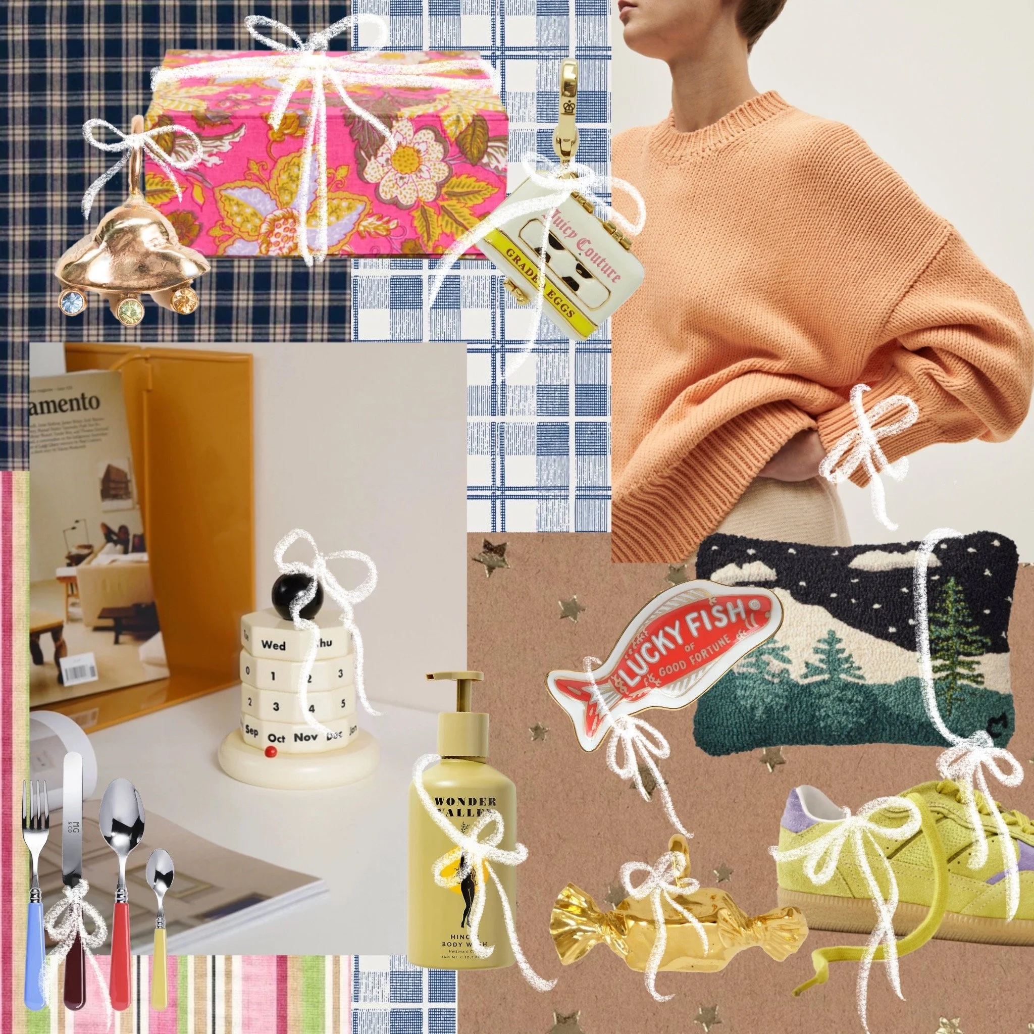 Partitioned display with decorative items, a pink floral gift box with a white ribbon, a golden heart ornament with rhinestones, a white calendar block showing Wednesday the 1st, a yellow body wash bottle labeled "HINOKI BODY WASH", a cutlery set wit