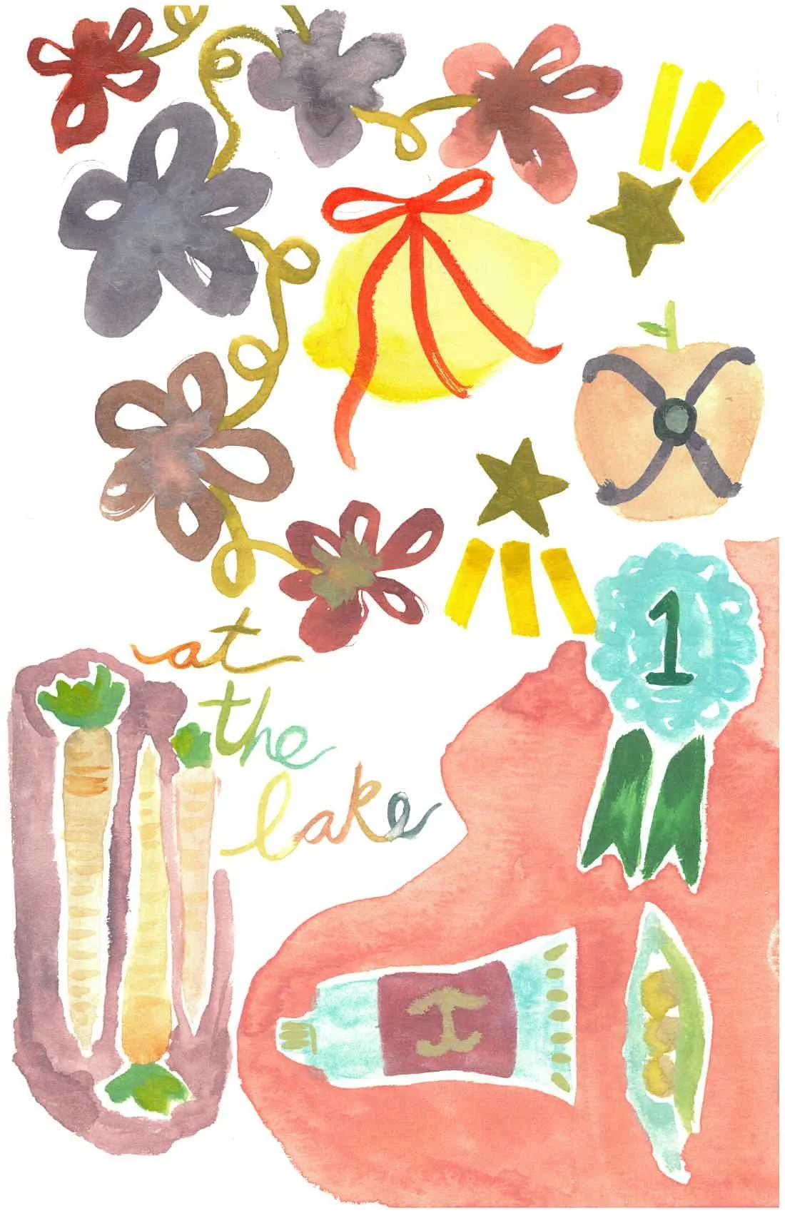 Watercolor illustration features flowers, star shapes, a carrot with green leaves, a ribbon with the number 1, and the words "at the lake" in colorful, handwritten-style text.