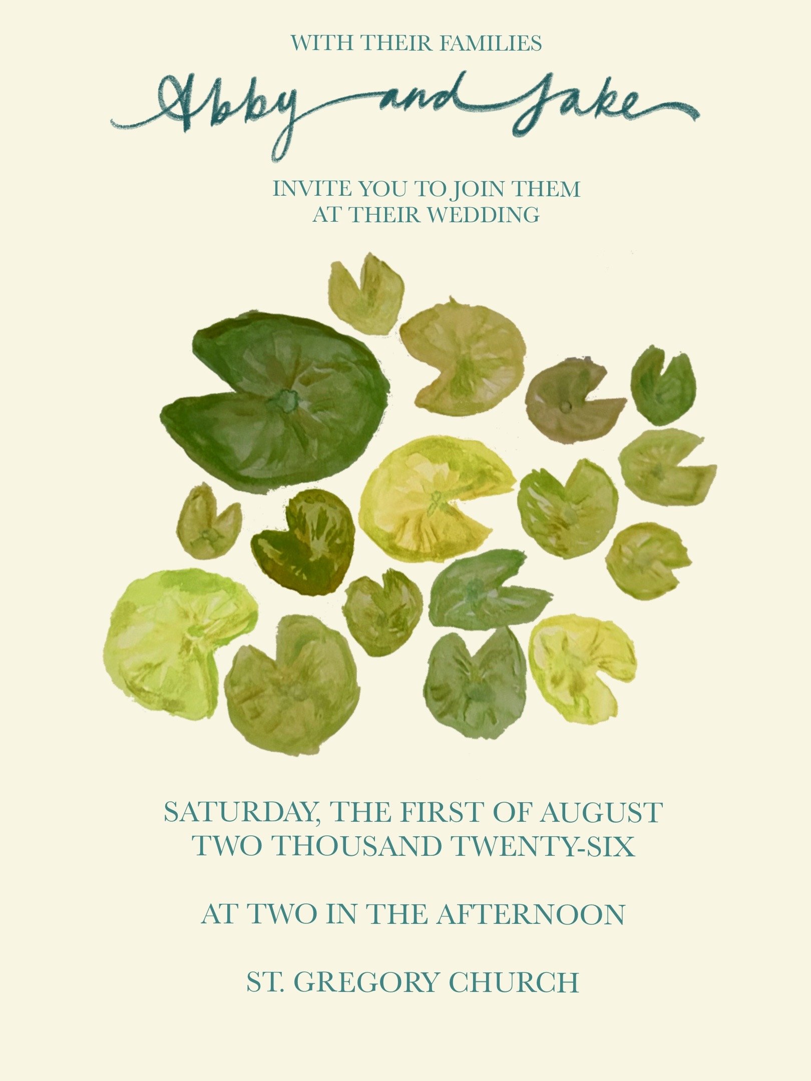 Invitation to Abby and Jake's wedding with floral watercolor illustrations, event details including date, time, and location at St. Gregory Church.