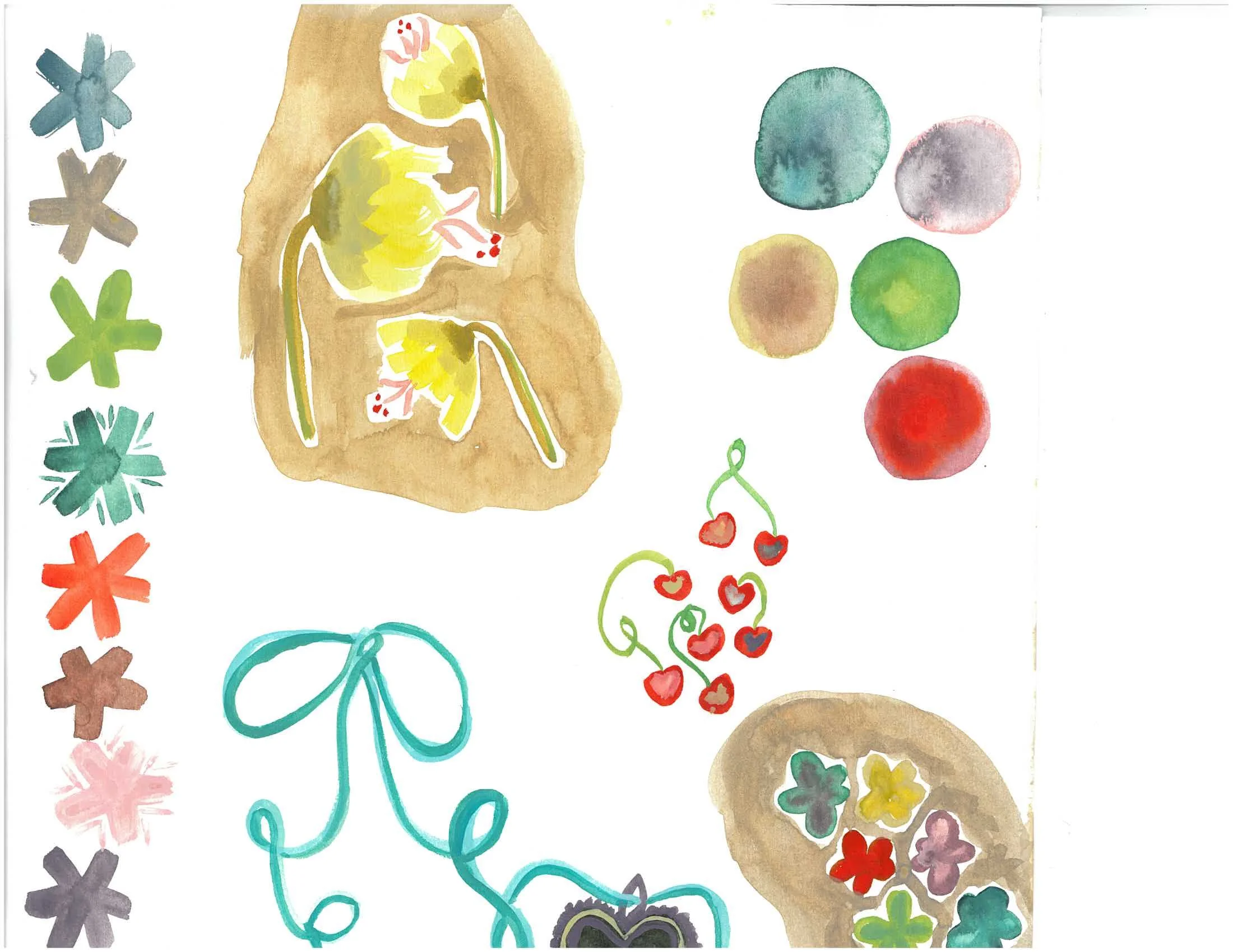 Watercolor illustration featuring a brown abstract background shaped like a broad stylized hand with yellow accents, around which are colorful shape and doodle elements, including a red and yellow flower, multiple vividly colored blobs, and a bunch o