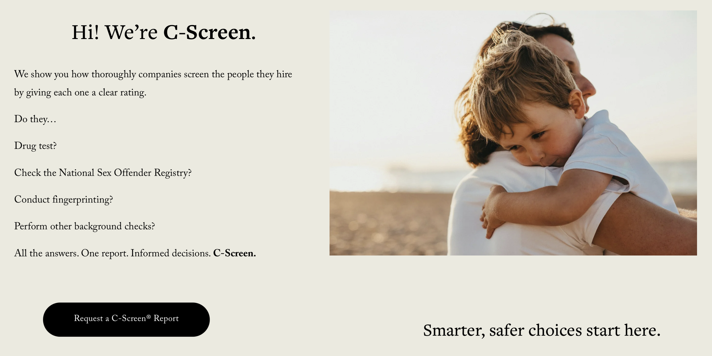 A man holding a young boy in a hug on the beach during sunset, with a text overlay introducing C-Screen, a company that screens employees for safety and integrity, listing various checks they perform.