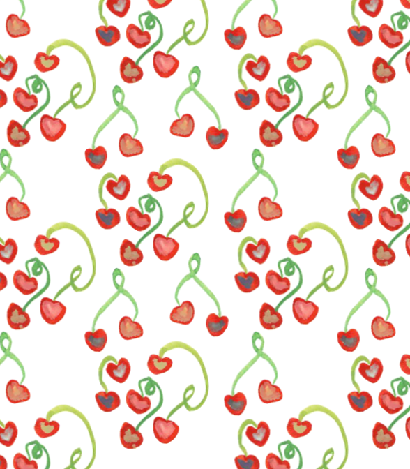 Pattern of red cherries with green stems on a white background.