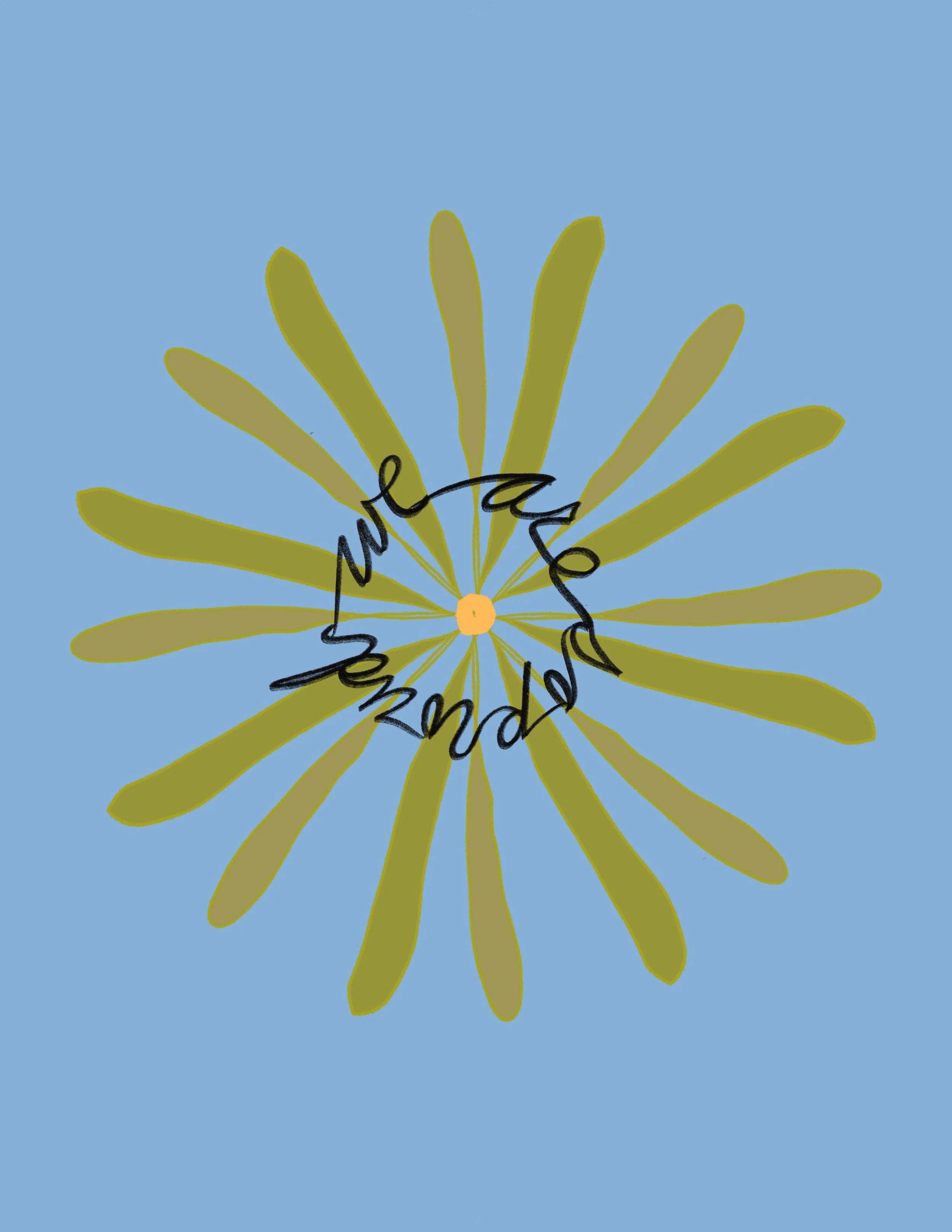 A yellow flower with elongated petals against a blue background. Black cursive text over the center of the flower reads, "be kind."