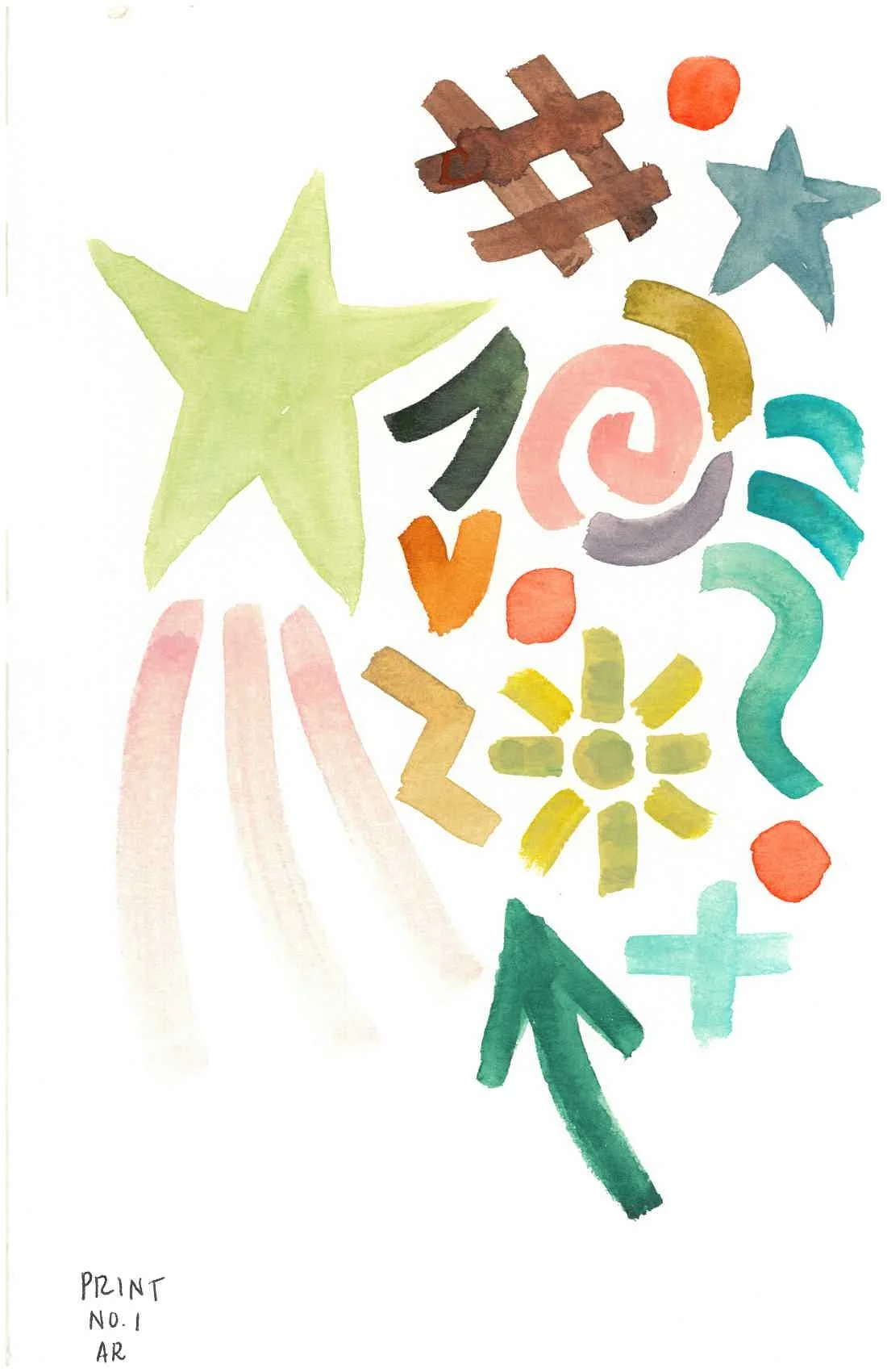 Watercolor painting of colorful abstract shapes, stars, hearts, and swirls on white background.