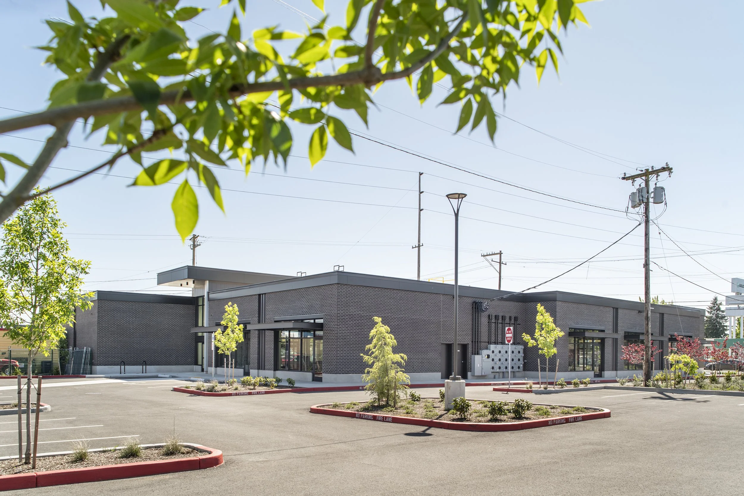 Empty parking lot in front of a modern single-story commercial building with large windows and a brick exterior, surrounded by small landscaped islands with young trees and shrubs, under a clear blue sky.