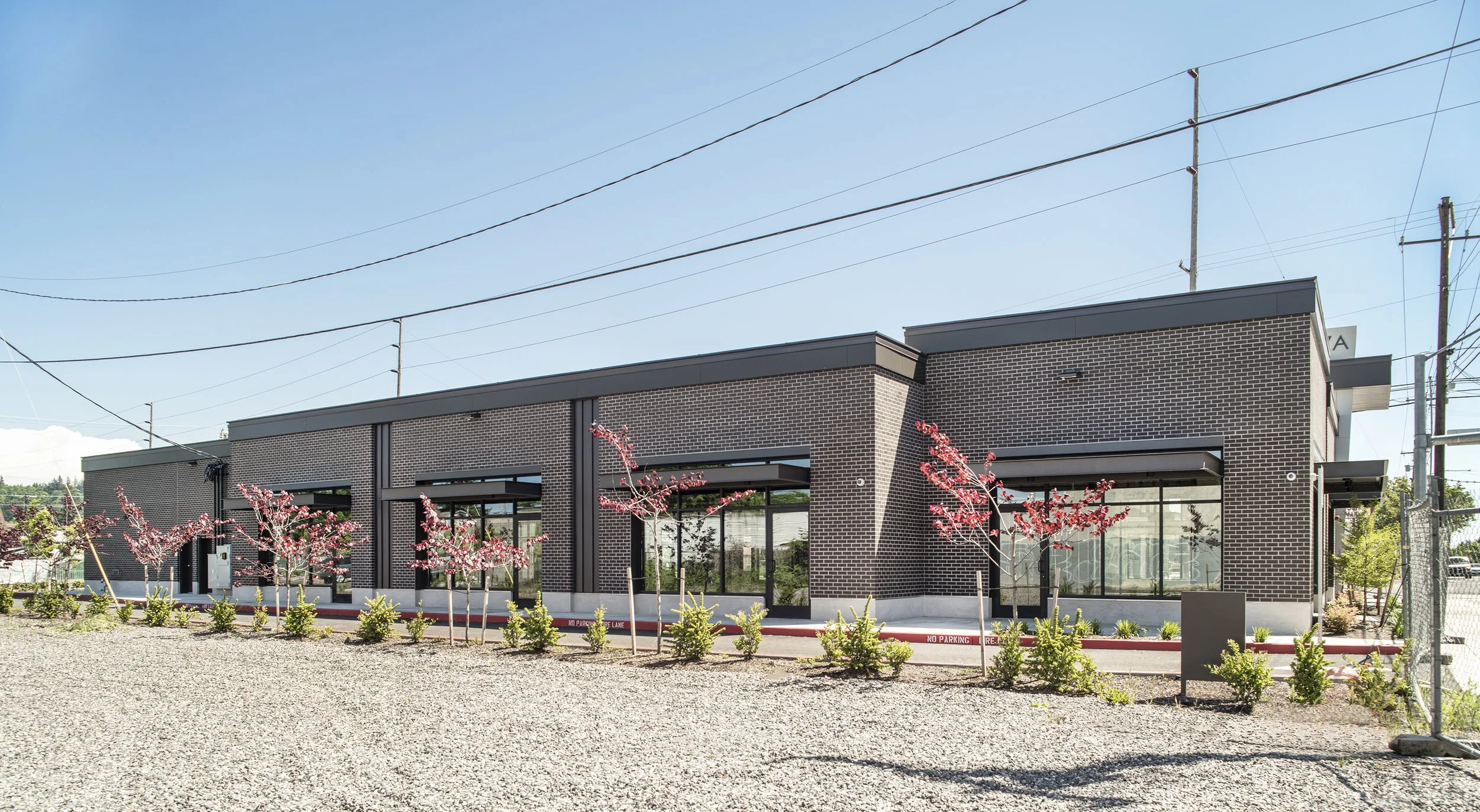 A modern brick building with large glass windows, surrounded by small pink-flowering trees and evenly spaced green bushes. The sky is clear and blue, with power lines overhead.