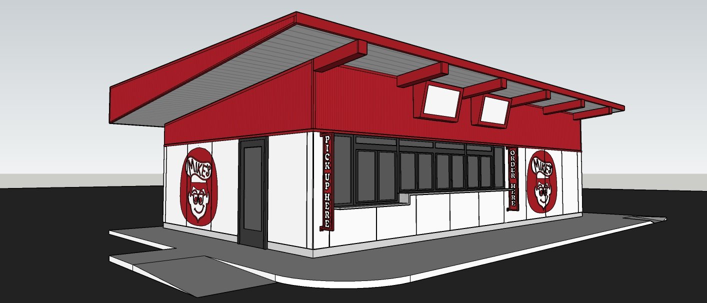 Draft of a fast food restaurant with a red and white exterior, black window service area, and a large logo of a smiling pig with glasses.