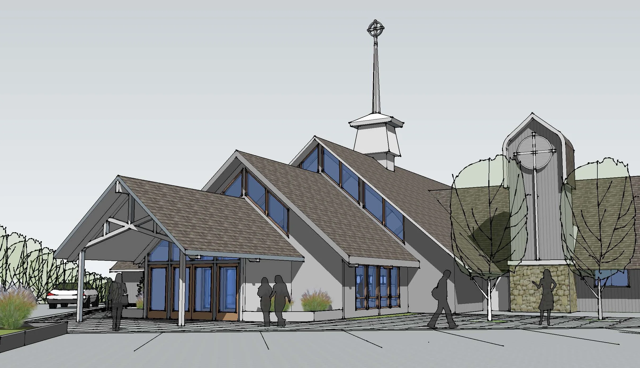 Architectural drawing of a church with a steeple, slate roof, and large stained glass windows, surrounded by trees and people.