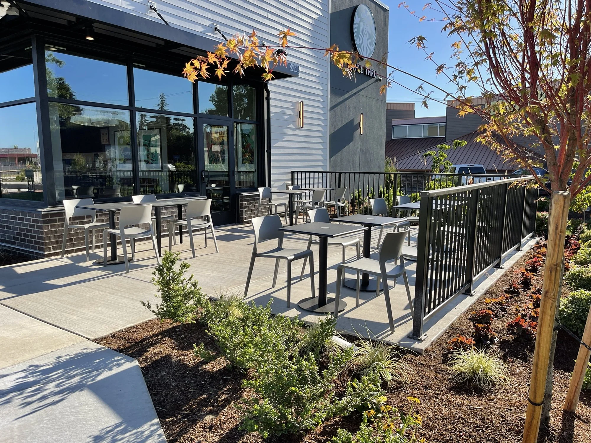 Outdoor seating area outside a Starbucks cafe with tables and chairs, a tree with autumn leaves, and a building with large glass windows.