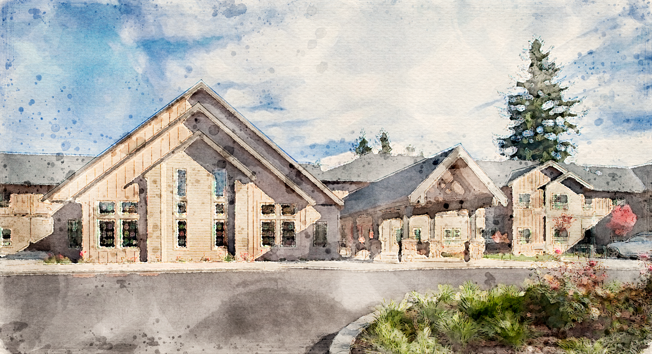 Watercolor-style illustration of modern house with multiple gabled roofs, large windows, a stone pillar entrance, surrounded by a landscaped yard with flowers and bushes, under a partly cloudy sky.