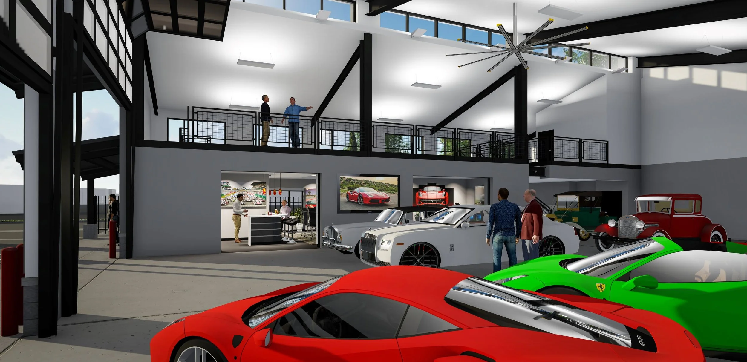 Interior of a modern car showroom with high ceilings, large windows, and various luxury and vintage cars on display, including Ferrari and Rolls-Royce models, with people inspecting and discussing the vehicles.