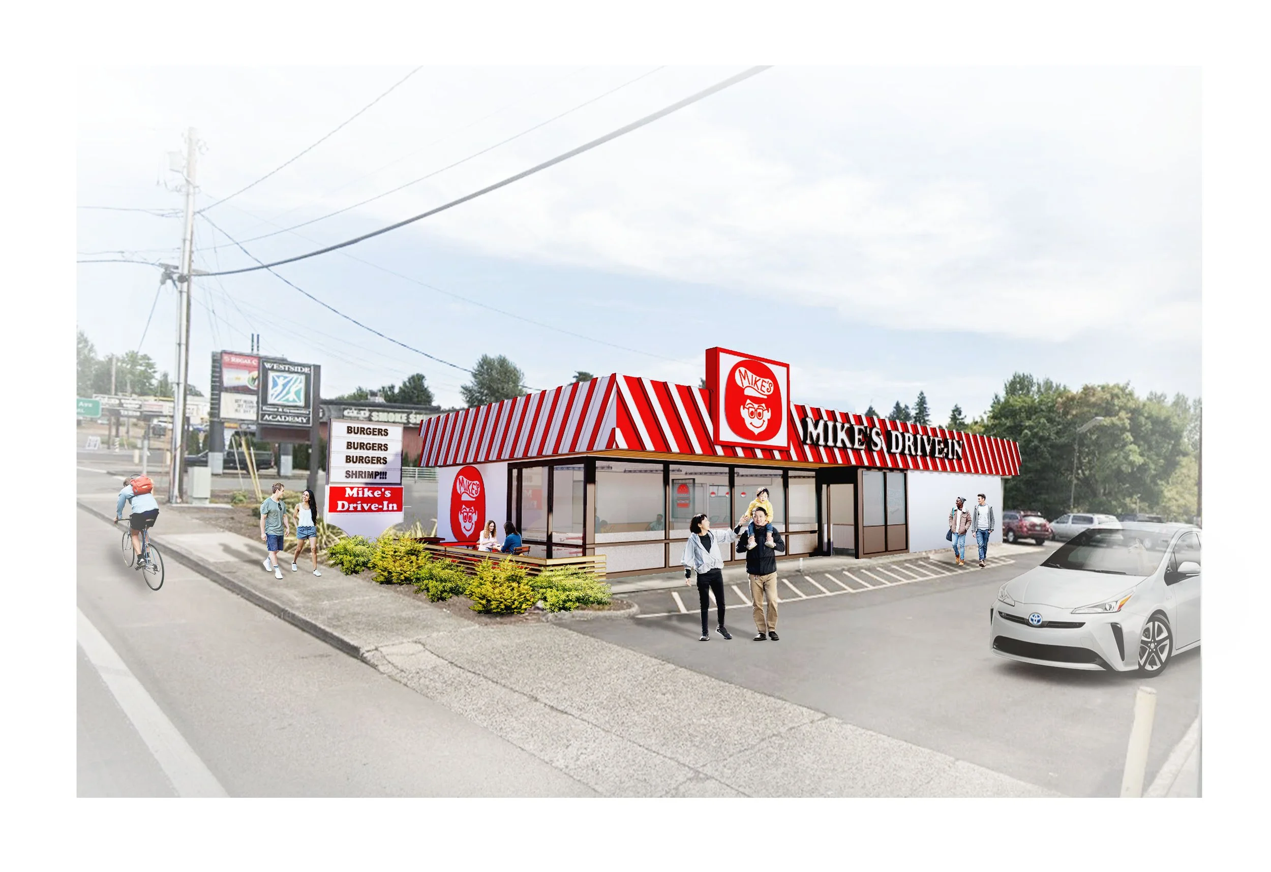 A fast-food restaurant named 'Mike's Drive-In' with red and white striped awning, featuring a logo with a smiling face wearing glasses. The restaurant has large glass windows, and a parking lot with several cars. Pedestrians, including a man and woma