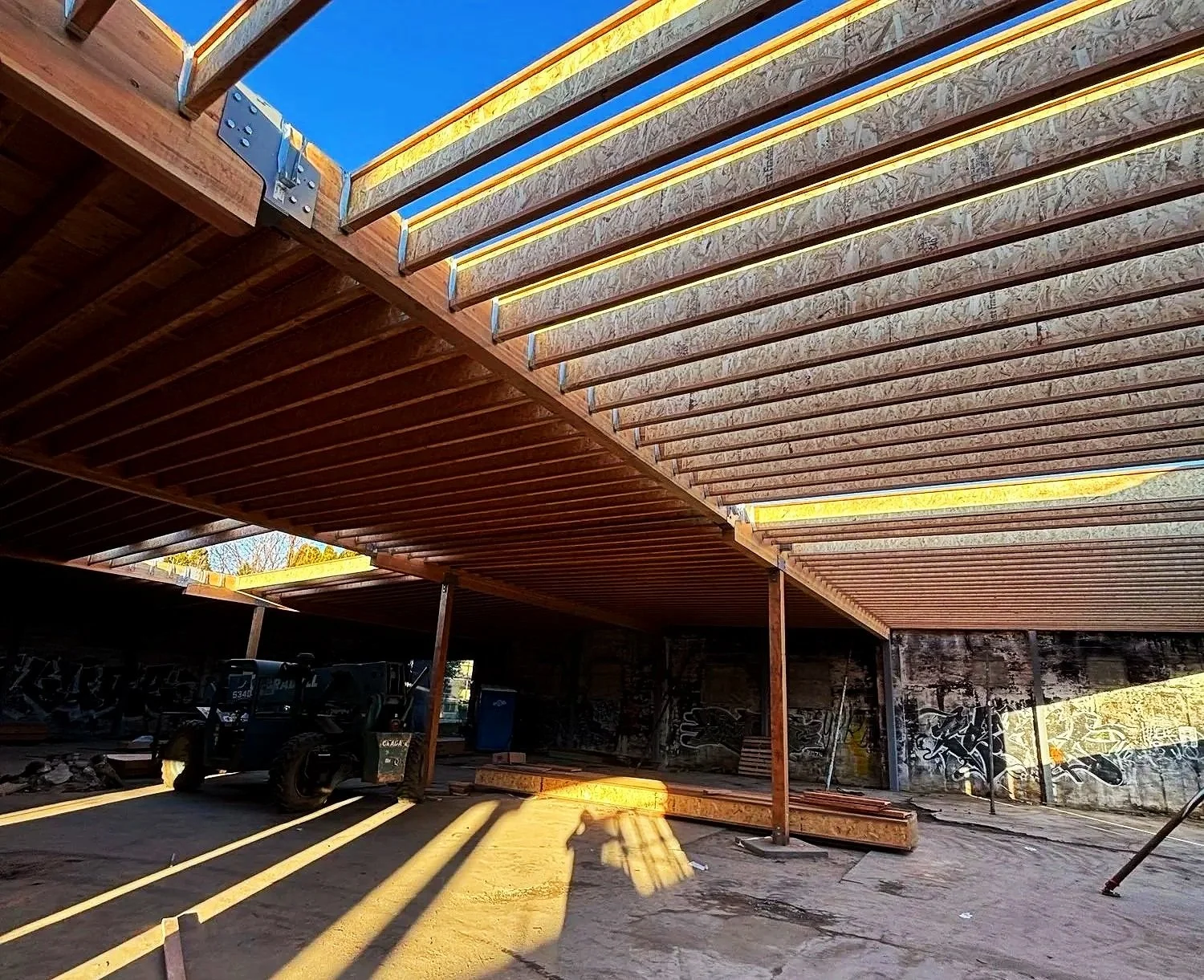 Structural reconstruction underway on a 10,000 SF commercial warehouse in Portland, Oregon.