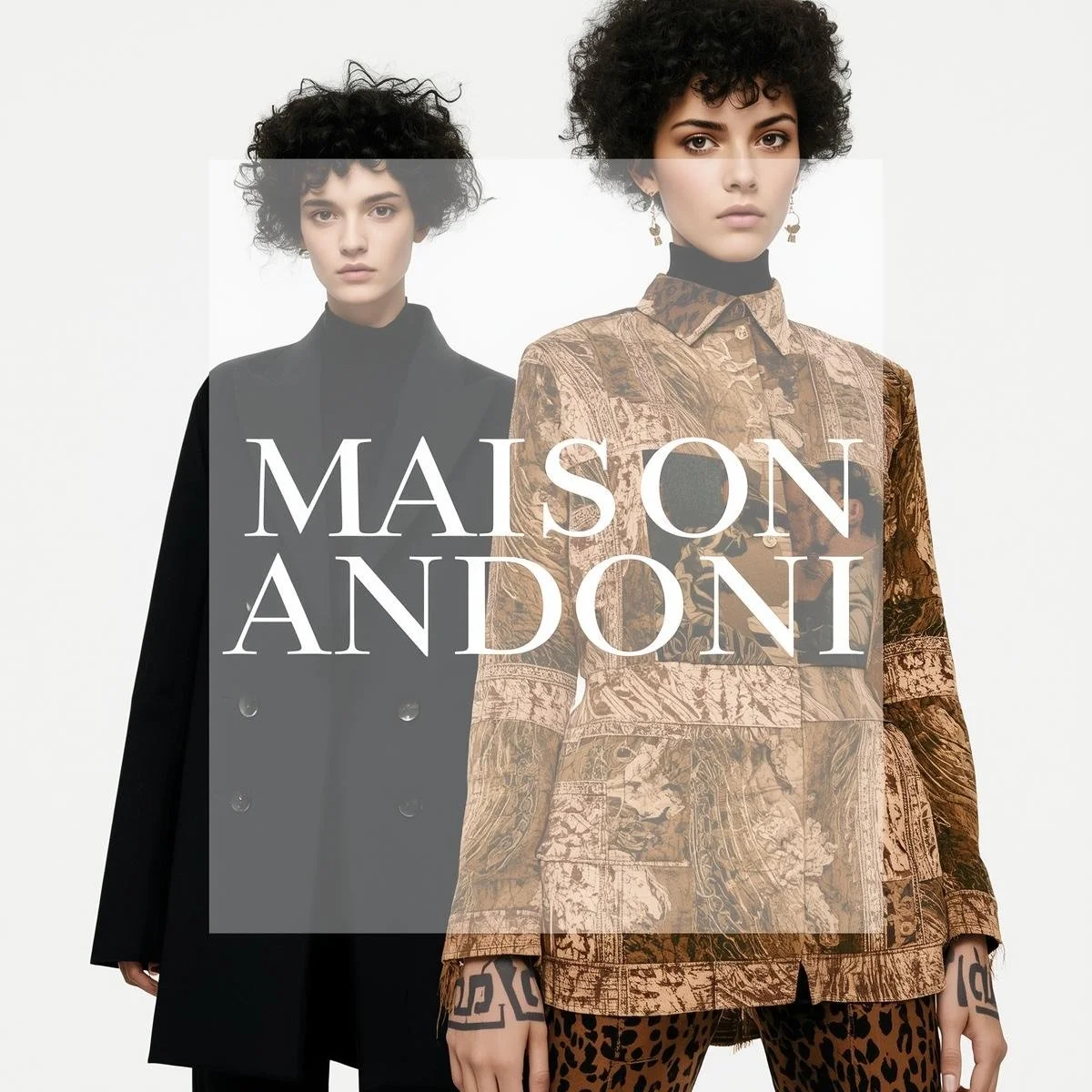 Two women with short curly hair wearing stylish clothing, one in a black blazer and high-neck top, the other in a patterned jacket with animal print pants, standing against a plain background with the text "MAISON ANDONI" overlaid.