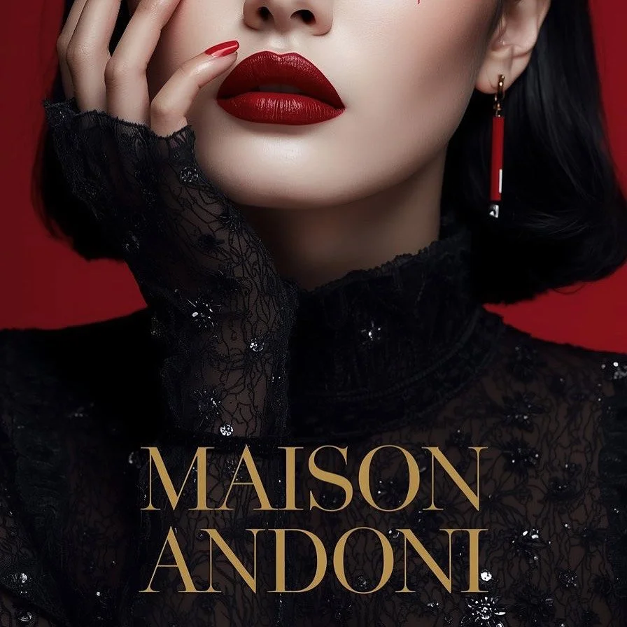 Close-up of a woman with red lipstick, black lace top, and black hair, wearing a red earring, with gold text that reads "MAISON ANDON".