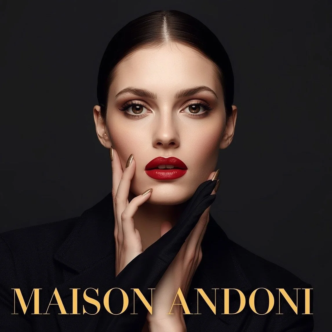 Close-up of a woman with dark hair, bold red lipstick, and dramatic eye makeup, wearing a black outfit and black gloves, posing against a dark background with the text 'MAISON ANDONI' at the bottom.