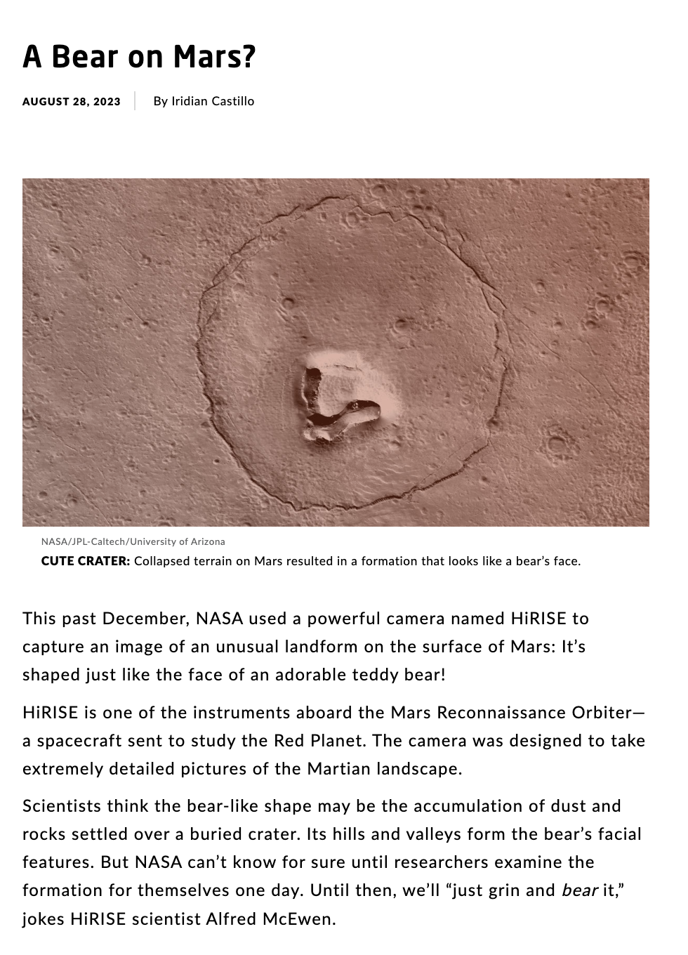 "A Bear on Mars?" - Science World, Vol. 80 No. 1