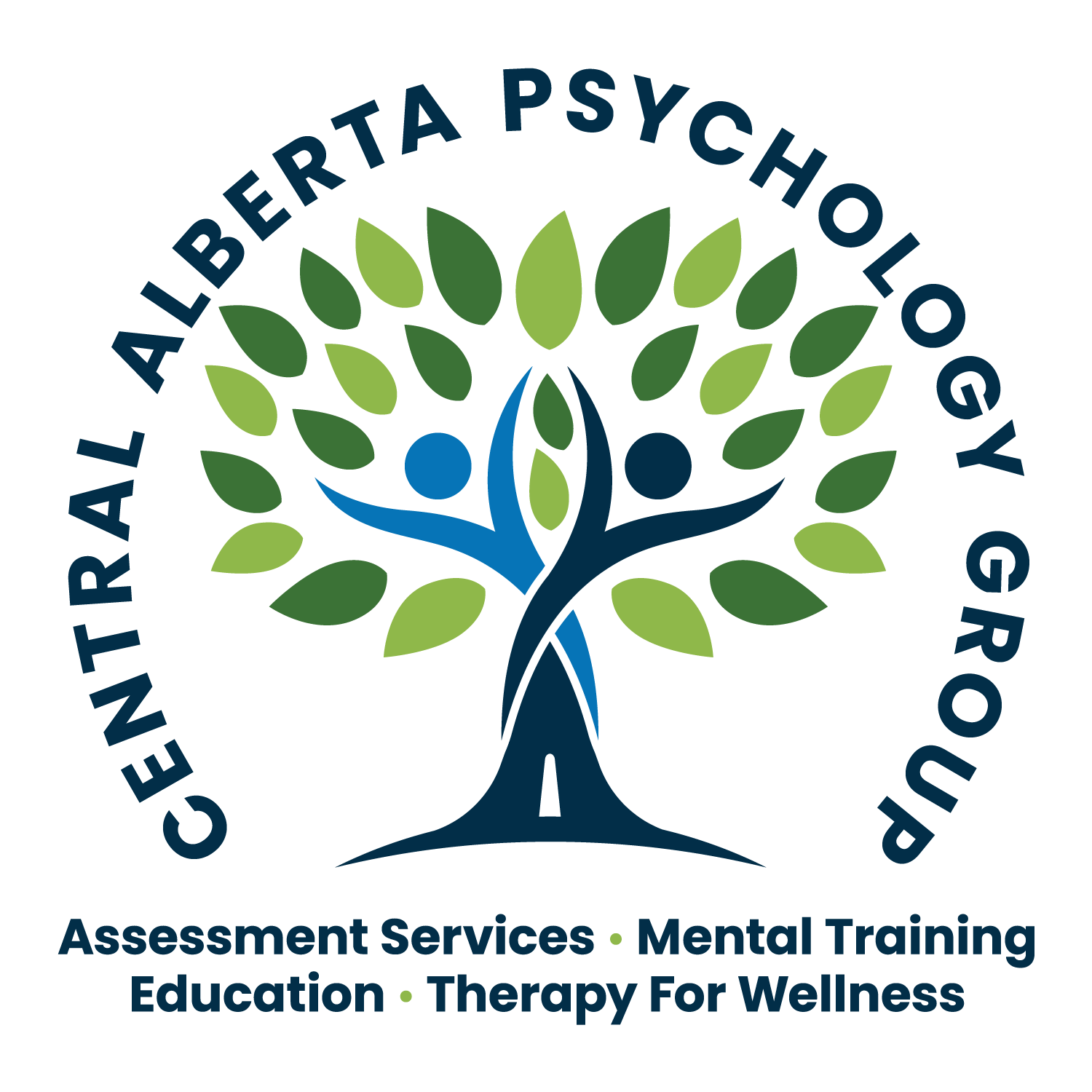 Logo of Central Alberta Psychology Group featuring a stylized tree with two human figures integrated into the trunk, surrounded by green leaves. Text encircles the tree, reading 'Central Alberta Psychology Group,' with additional services listed below: 'Assessment Services,' 'Mental Training,' 'Education,' and 'Therapy for Wellness.'