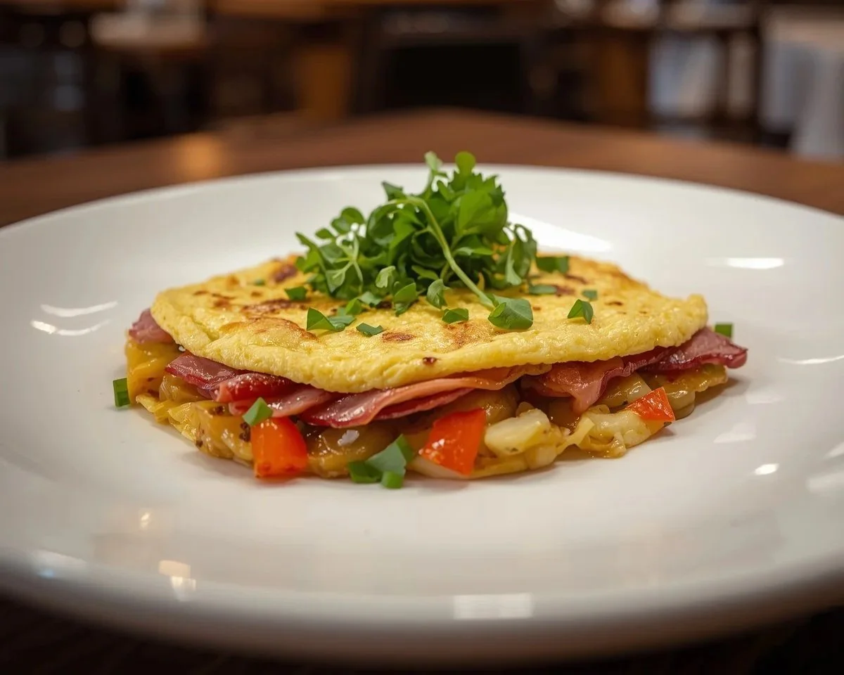 Ham and veggie omelette with melted cheese — high-protein breakfast meal prep in Miami by MealMe.
