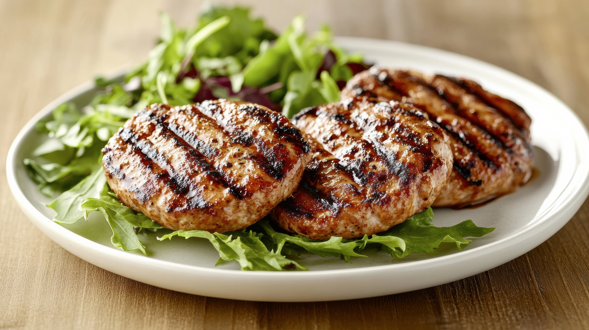 Turkey patties over mixed greens — high-protein meal prep delivered in Miami by MealMe.