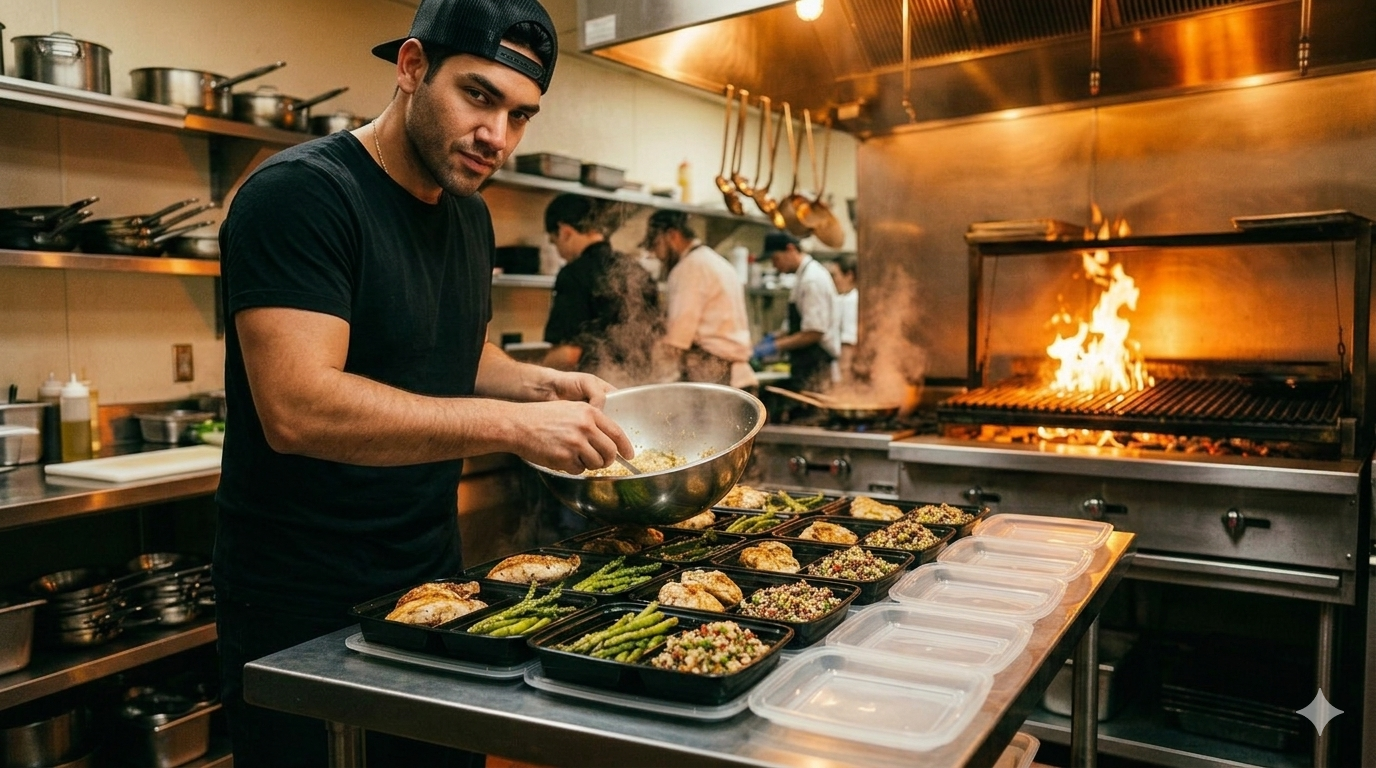 MealMe chef assembling fresh meal prep containers in a professional restaurant kitchen with wood fire grill in Doral, FL