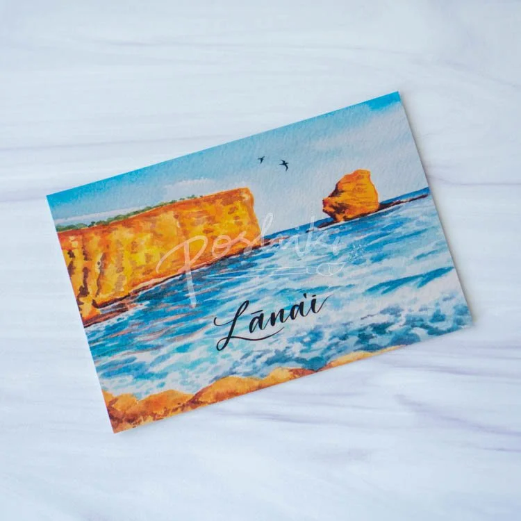 A watercolor landscape postcard of Sweetheart Rock (Puupehe) with the word "Lānaʻi" in script.