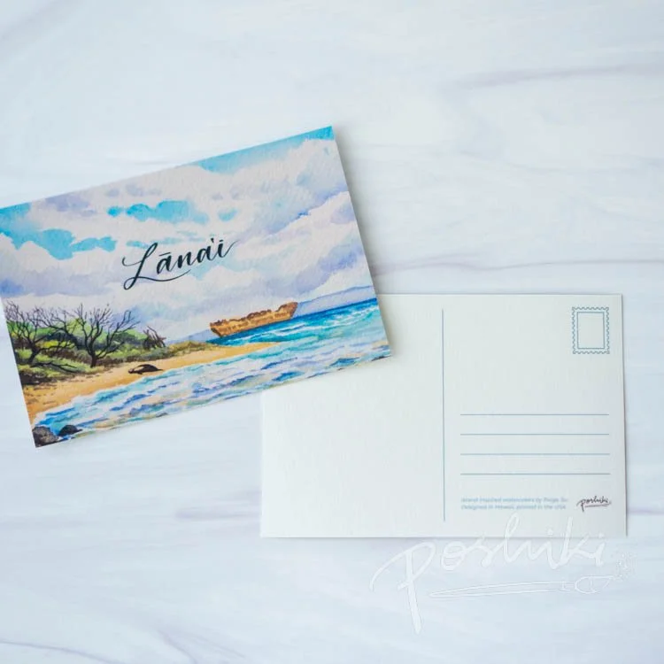The front and back of a postcard featuring a watercolor painting of Shipwreck Beach, an iconic Lānaʻi landmark.