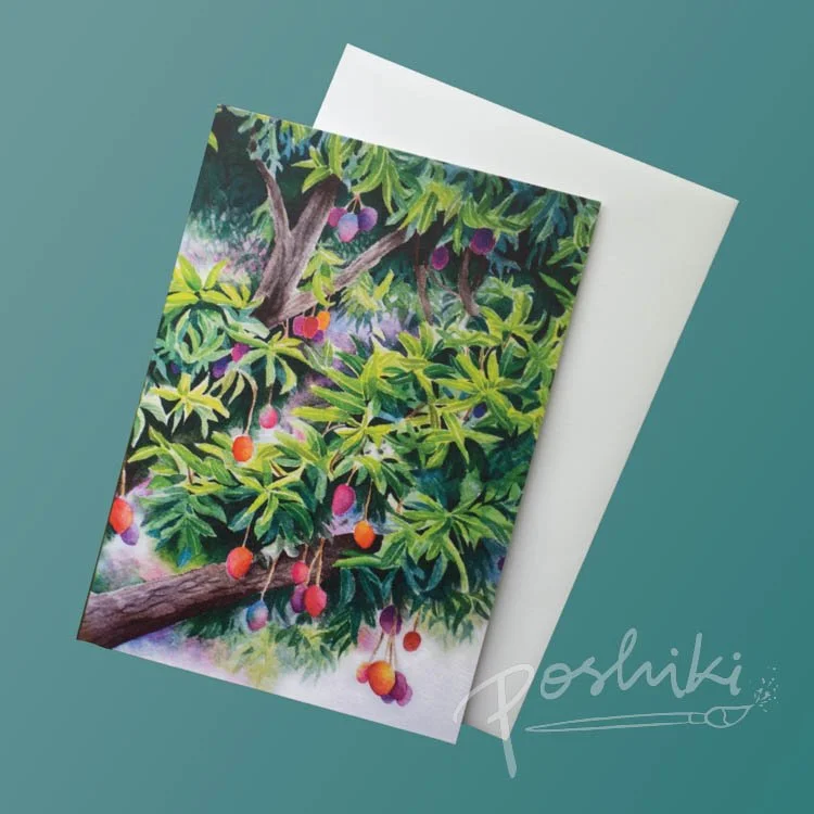 A greeting card featuring a watercolor painting of a mango tree. There is a white envelope under the card.