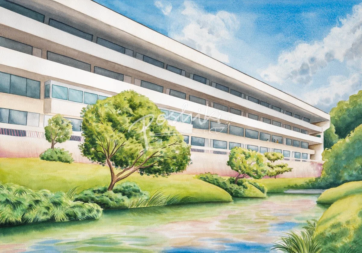 A watercolor painting of the view of the Bessie Fleming building from across the Nu'uanu Stream.