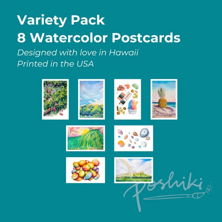 Eight assorted watercolor postcard designs featuring Hawaii shells, snacks, mangoes and landscapes.