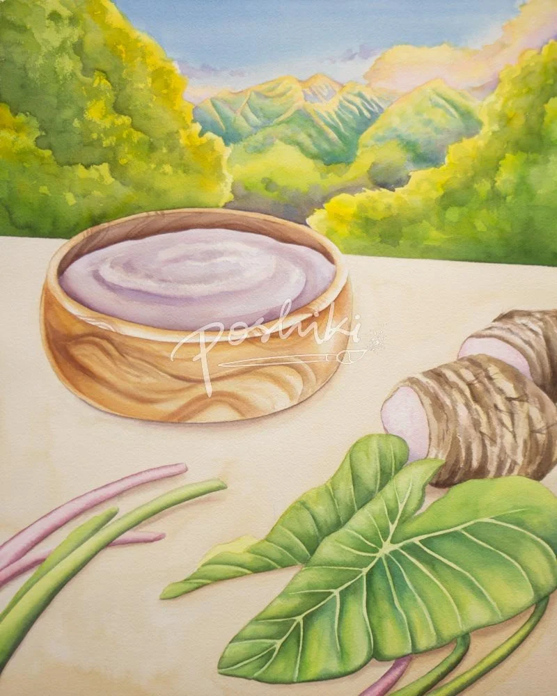 A watercolor painting of a wooden bowl of poi and kalo (taro) leaves, cuttings and roots on a table with Manoa Valley in the background.