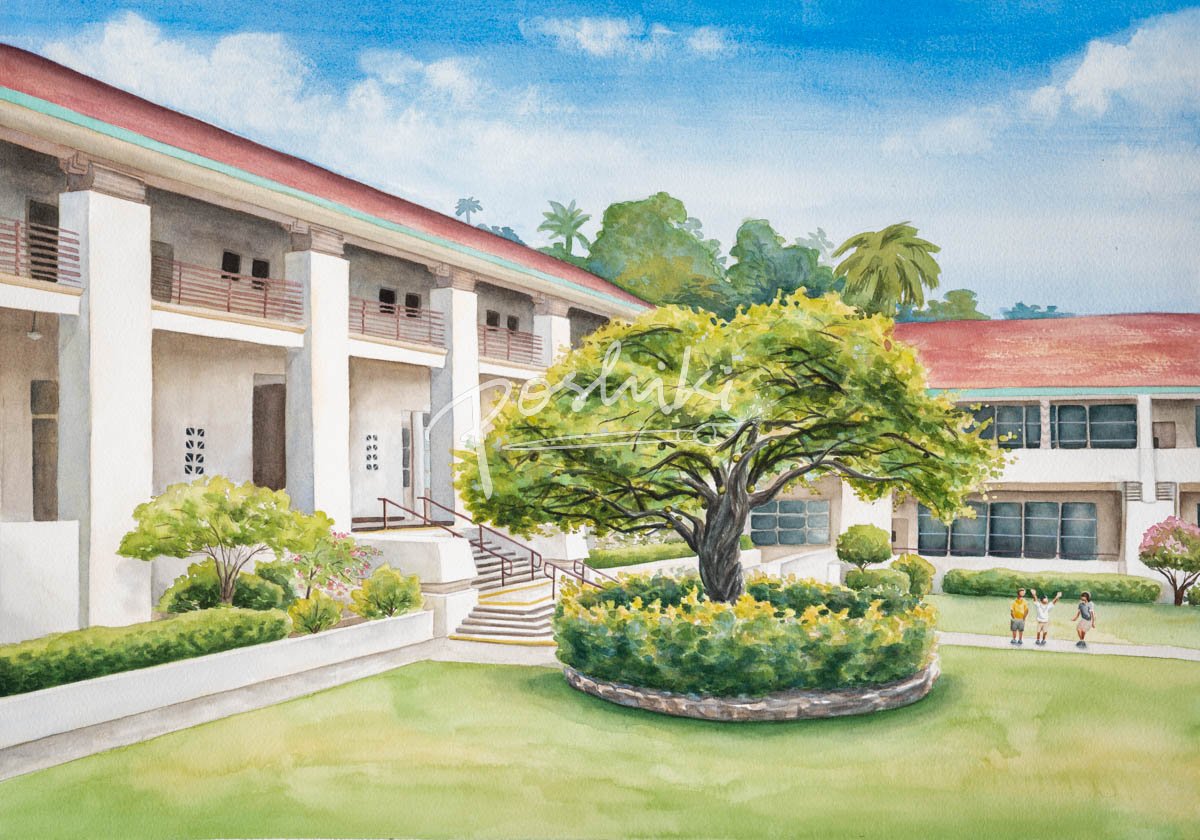 A watercolor painting of a sunny day at Hawaii Baptist Academy's Elementary School.