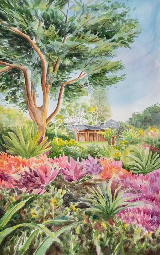 A vibrant watercolor painting of a tropical garden in Hawaii.