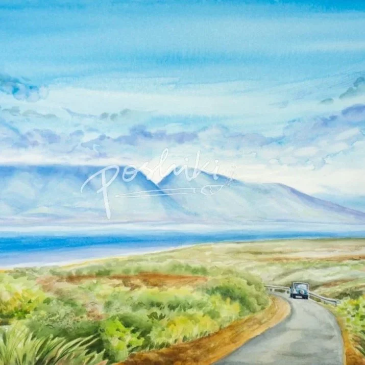 A watercolor painting of the road to Shipwreck Beach (Kaiolohia) on the island of Lānaʻi.
