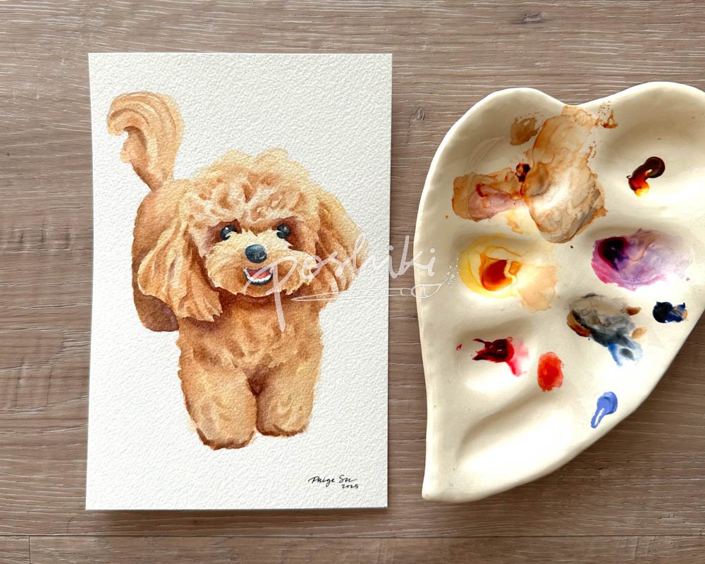 A watercolor painting of a small brown poodle.