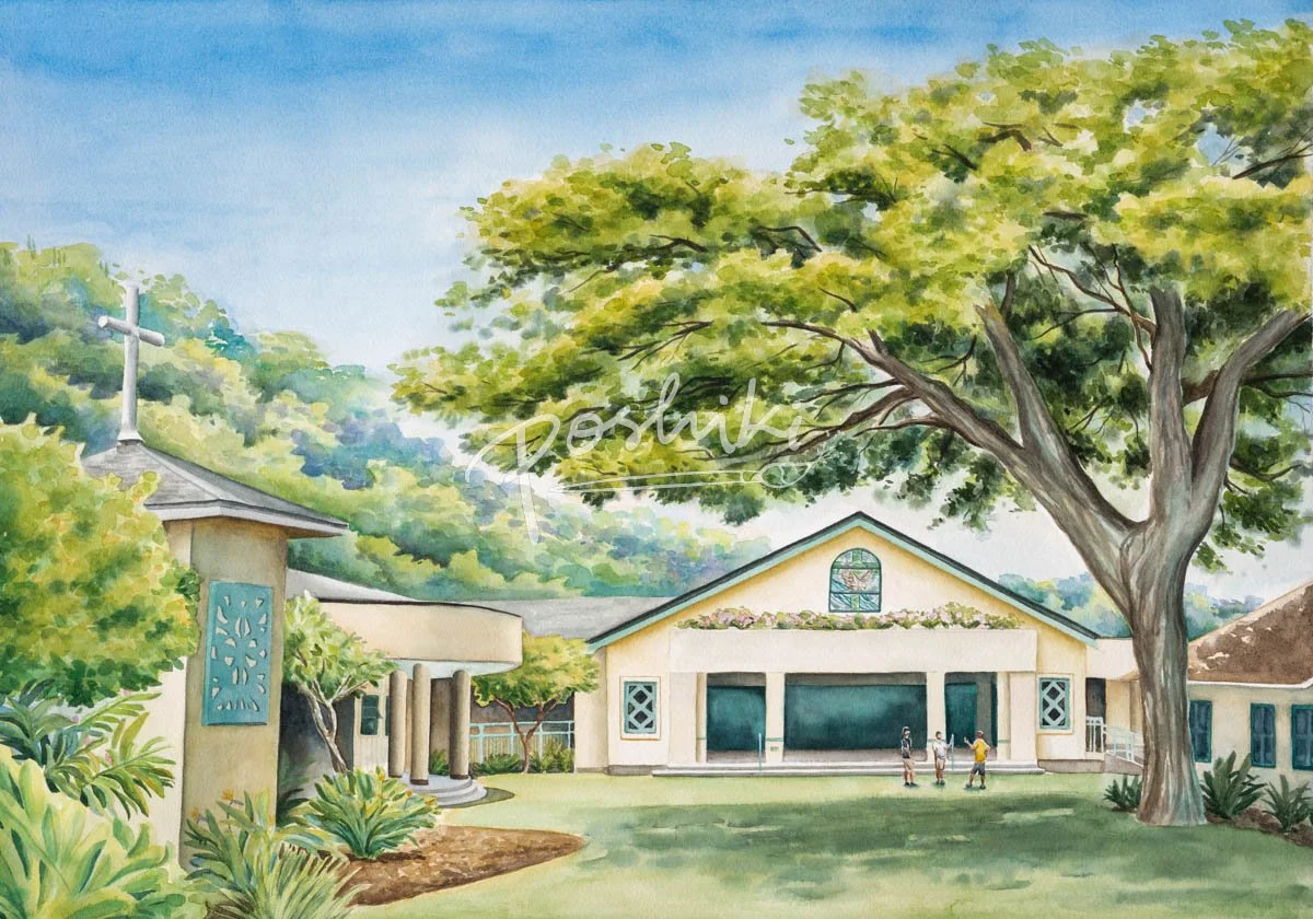 A watercolor painting of the Hawaii Baptist Academy Middle School campus.  Three students greet one another.