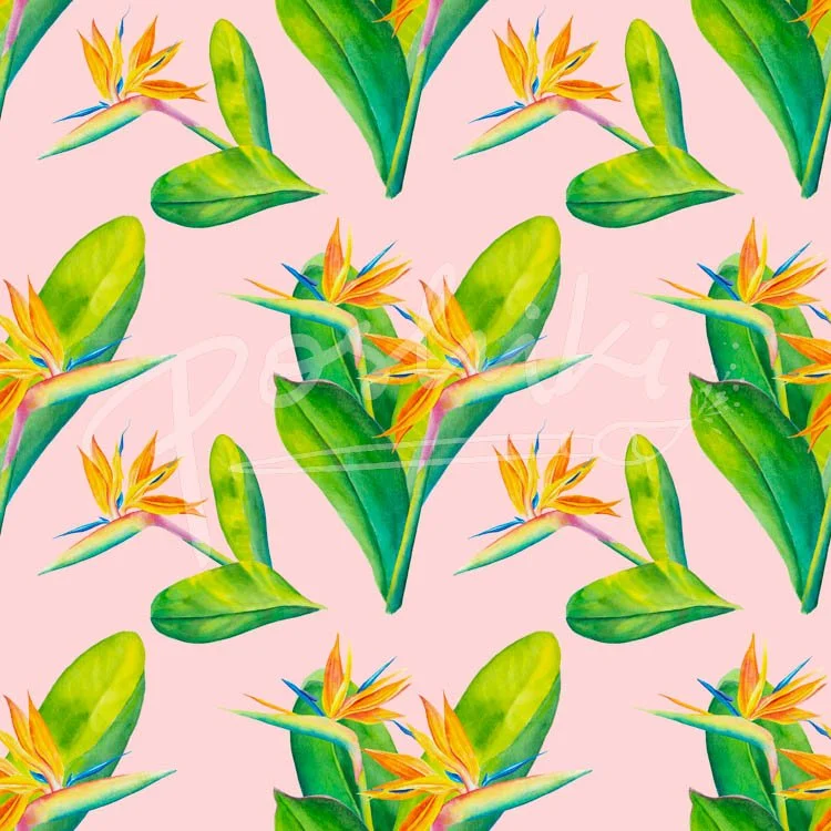 A surface pattern featuring watercolor bird of paradise flowers on a solid pink background.