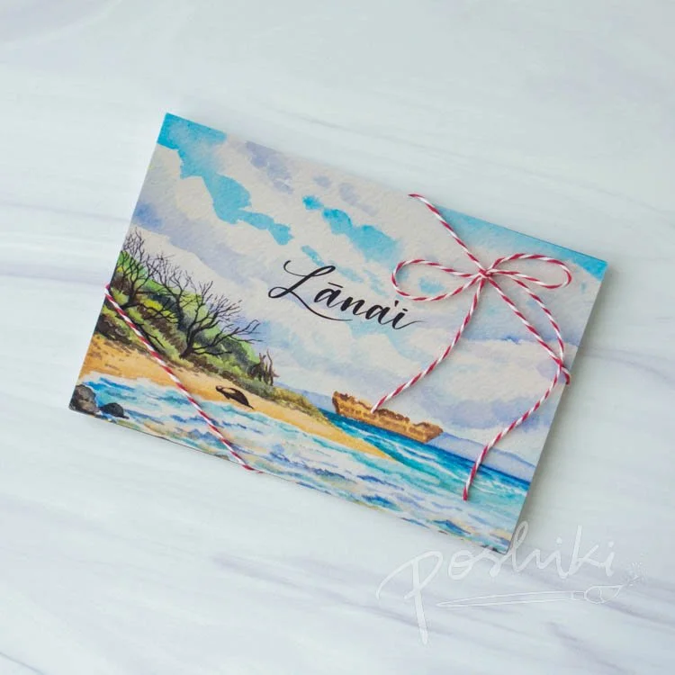A watercolor postcard with the view of Shipwreck Beach, an iconic Lānaʻi landmark.