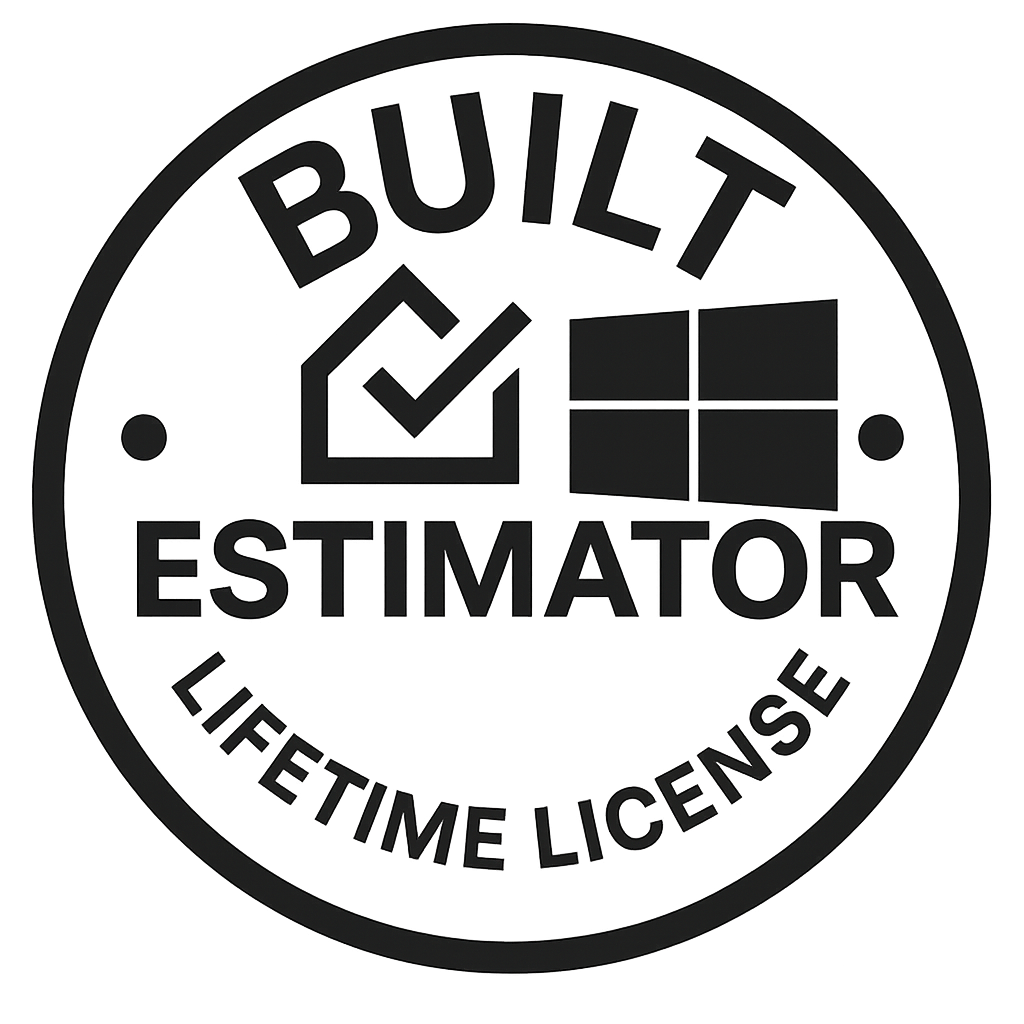 Circular badge with the words "Built Estimator" and "Lifetime License," featuring icons of a house with a check mark and a window.