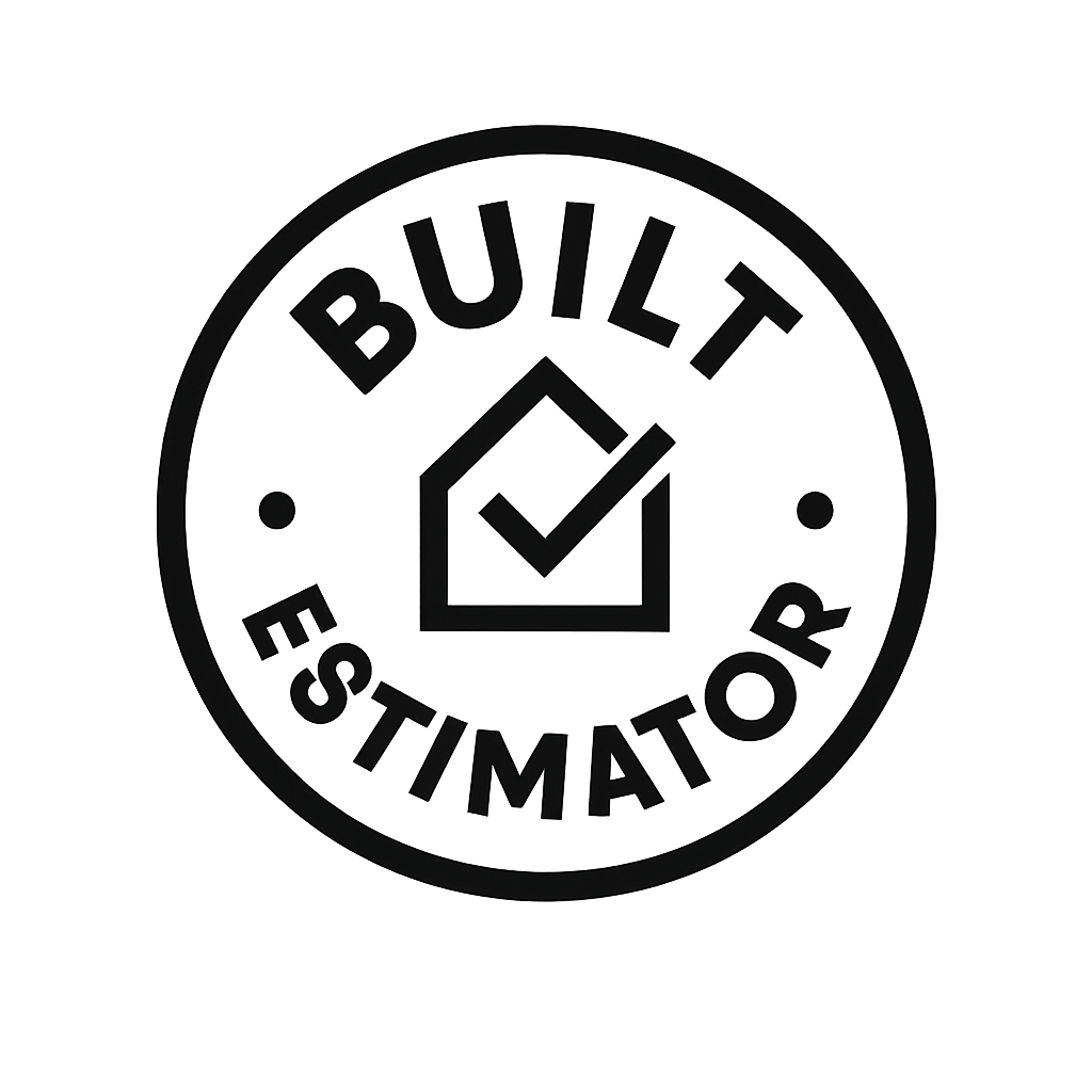 Black and white logo with the words 'Built Estimator' surrounding a house with a check mark inside.