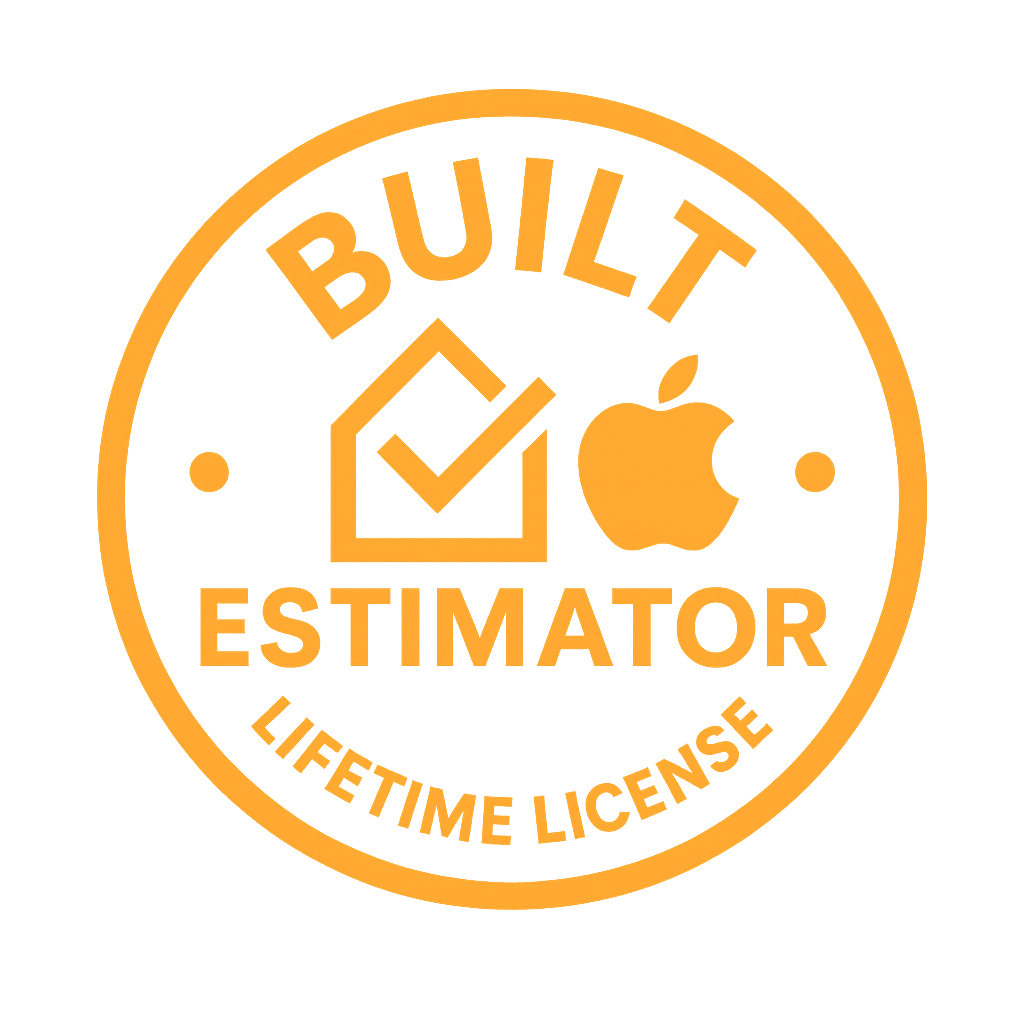 Orange circular badge with the text 'Built Estimator', a checkmark inside a house shape, an Apple logo, and the phrases 'Lifetime License'.