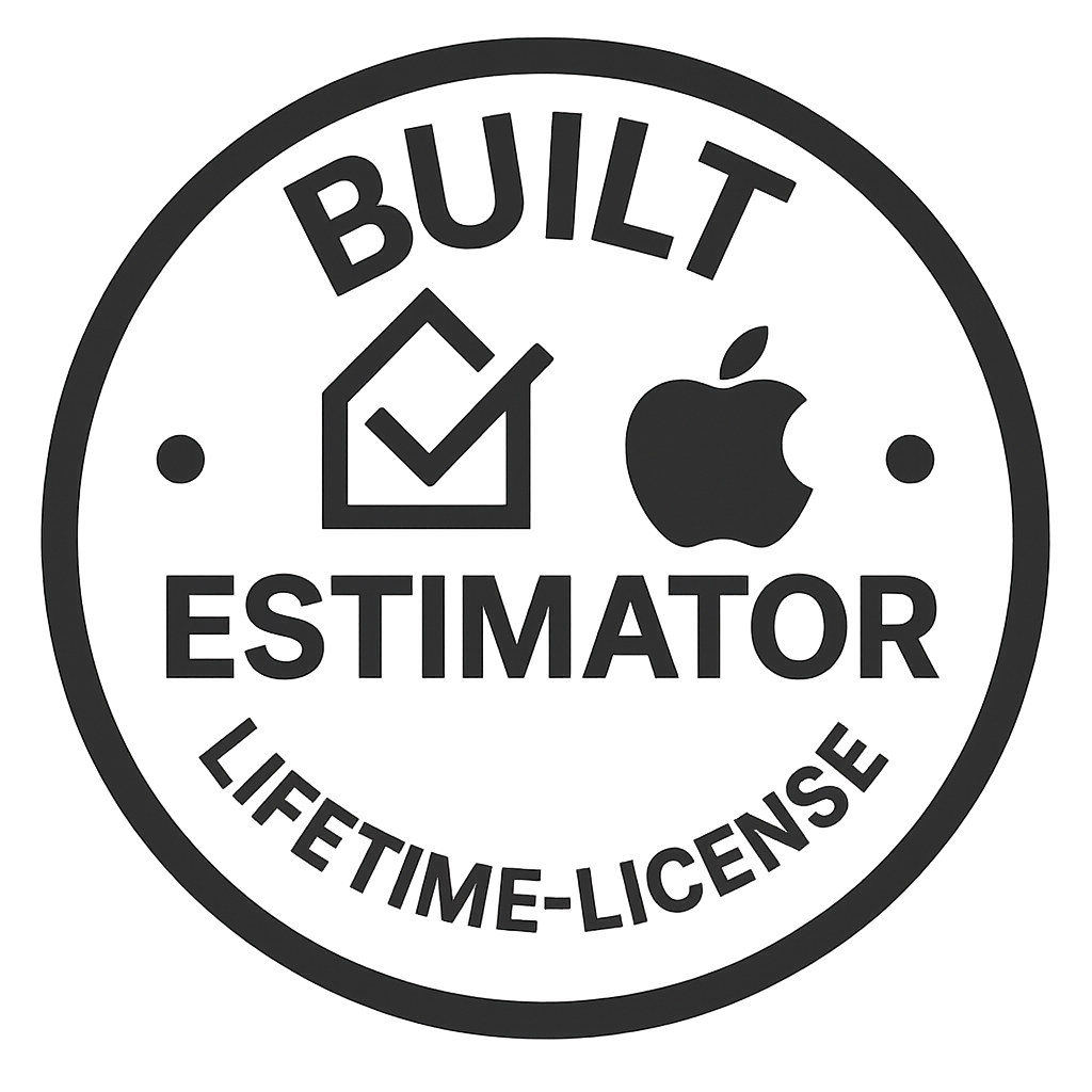 A black circular badge with the Apple logo, a checkmark inside a house shape, and the words 'Built Estimator' and 'Lifetime License' on it.